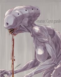 Rule 34 | alien, artist name, beta (muv-luv), black eyes, blood, blood from mouth, extra eyes, from side, grey background, highres, jun (rellik &amp; redrum), latin text, monster, muv-luv, muv-luv alternative, profile, science fiction, spikes, teeth