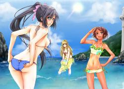 Rule 34 | 3girls, adjusting clothes, adjusting swimsuit, aqua eyes, ass, bad id, bad pixiv id, ball, beachball, bikini, black hair, blonde hair, blue sky, bow, breasts, brown eyes, brown hair, butt crack, day, fang, from behind, green eyes, groin, hair bow, hair ornament, hairclip, hand on own hip, highres, hip focus, looking back, masami chie, medium breasts, multiple girls, navel, ocean, open mouth, original, outdoors, ponytail, rock, sarong, see-through, see-through sarong, sideboob, sky, smile, standing, strap gap, swimsuit, tan, tankini, tanline, underboob, water, yellow eyes