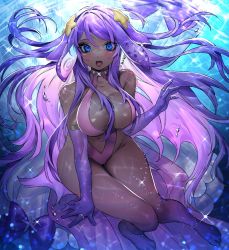 Rule 34 | 1girl, blue eyes, breasts, commission, dark-skinned female, dark skin, hair ornament, han (ateez hncrn), large breasts, long hair, open mouth, original, purple hair, revealing clothes, skeb commission, smile, solo, squid girl, star (symbol), star hair ornament, ula del mar, underwater, very long hair