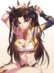 Rule 34 | 1girl, absurdres, alternate breast size, bad id, bad twitter id, black hair, blush, commentary, commentary request, earrings, fate/grand order, fate (series), hair ribbon, highres, hoop earrings, ishtar (fate), ishtar (fate), jewelry, long legs, looking at viewer, nasaniliu, navel, red eyes, red ribbon, ribbon, single thighhigh, thighhighs, tiara, twintails