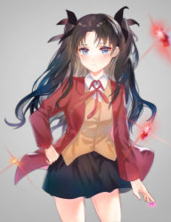 Rule 34 | 1girl, absurdres, black thighhighs, blue eyes, blush, brown hair, closed mouth, fate/stay night, fate (series), gem, grey background, highres, jacket, long hair, looking at viewer, mada (shizhou), open clothes, open jacket, pleated skirt, red gemstone, red jacket, scarf, simple background, skirt, solo, thighhighs, tohsaka rin, two side up, winter clothes