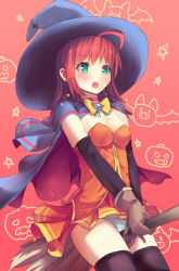 Rule 34 | 1girl, ahoge, alice wishheart, arm warmers, black thighhighs, blush, bow, breasts, brooch, broom, broom riding, brown gloves, cameltoe, cape, cleavage, culter, doodle, dress, earrings, gloves, green eyes, hat, highres, jewelry, large breasts, magical halloween, open mouth, orange dress, panties, pantyshot, red hair, saliva, solo, star (symbol), star earrings, strapless, strapless dress, striped clothes, striped panties, tears, thighhighs, underwear, upskirt, witch hat, yellow bow