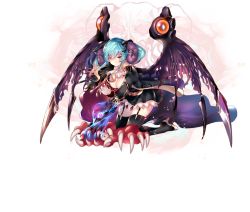 Rule 34 | 1girl, aqua hair, breasts, clawed gauntlets, cleavage cutout, clothing cutout, demon, demon girl, demon horns, demon wings, garter straps, gauntlets, gloves, goat horns, gothic lolita, gradient hair, high heels, horn ornament, horn ribbon, horns, kneeling, lapis (sennen sensou aigis), large breasts, leg belt, lolita fashion, looking at viewer, multicolored hair, official art, one-eyed, ribbon, sennen sensou aigis, skull, spirit, tassel, thighhighs, torn wings, transparent background, twintails, wings, yellow eyes