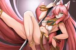 Rule 34 | 1girl, absurdres, animal ear fluff, animal ears, armpits, bracelet, breasts, covered erect nipples, dancing, egyptian clothes, fang, fate/grand order, fate (series), folding fan, fox ears, fox girl, fox tail, glasses, gold, grey-framed eyewear, hand fan, highres, holding, holding pole, jewelry, koyanskaya (fate), large breasts, long hair, looking at viewer, navel, pink hair, pole, pole dancing, semi-rimless eyewear, skin fang, solo, stripper pole, tail, tamamo (fate), taphris, underboob, usekh collar, very long hair, yellow eyes