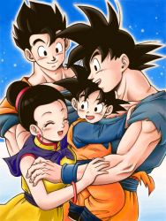 Rule 34 | 1girl, 3boys, :d, black eyes, black hair, blue background, bracelet, brothers, chi-chi (dragon ball), child, chinese clothes, closed eyes, couple, crying, dougi, dragon ball, dragonball z, earrings, family, father and son, happy, hetero, hug, jewelry, looking at another, masa (p-piyo), mother and son, multiple boys, open mouth, siblings, simple background, smile, son gohan, son goku, son goten, tears, wristband