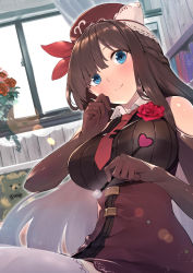 Rule 34 | 1girl, absurdres, bad id, bad pixiv id, bare shoulders, beret, blue eyes, blush, book, bookshelf, breasts, brown flower, brown gloves, brown hair, brown rose, brown shirt, brown skirt, closed mouth, commentary request, elbow gloves, flower, furukawa itsuse, gloves, hair between eyes, haruno nano, hat, head tilt, heart, highres, holding, indoors, iriam, large breasts, long hair, mimikaki, necktie, red flower, red hat, red necktie, red ribbon, red rose, ribbed shirt, ribbon, rose, shirt, skirt, smile, solo, stuffed animal, stuffed toy, teddy bear, thighhighs, very long hair, virtual youtuber, white thighhighs, window