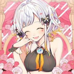 Rule 34 | 1girl, 447 records, :d, bare shoulders, blonde hair, blush, bow, breasts, closed eyes, collared shirt, facial mark, flower, framed, gradient hair, grey hair, hair bow, hair flower, hair ornament, hand up, heart, highres, medium breasts, mirror, multicolored hair, open mouth, pink flower, pink rose, red flower, red rose, rose, shirt, short hair, smile, sogawa, solo, upper body, virtual youtuber, white flower, white rose, wing collar, wristband, yellow flower, yuzuha (yuzuha virtual)