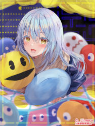Rule 34 | 2others, aisu (icicleshot), androgynous, blinky (pac-man), blue hair, blush, clyde (pac-man), dual persona, facing viewer, fur, fur-trimmed sleeves, fur collar, fur trim, hair between eyes, inky (pac-man), long hair, long sleeves, looking at viewer, multiple others, namco, open mouth, pac-man, pac-man (game), pac-man eyes, pinky (pacman), rimuru tempest, slime (creature), smile, tensei shitara slime datta ken, wavy mouth, yellow eyes