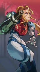 Rule 34 | 1girl, absurdres, arm cannon, armor, blonde hair, blue eyes, highres, looking up, metroid, metroid dread, nintendo, no headwear, open mouth, ponytail, power armor, rim jims, samus aran, solo, thick thighs, thighs, weapon