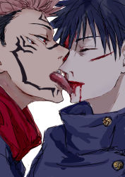 Rule 34 | 2boys, black hair, bleeding, blood, blood from mouth, blood in mouth, blood on face, buttons, commentary request, cuts, extra eyes, eyelashes, closed eyes, facial tattoo, fushiguro megumi, hair between eyes, high collar, hood, hoodie, injury, itadori yuuji, jacket, jujutsu kaisen, licking, licking another&#039;s face, licking blood, long sleeves, looking at another, male focus, multiple boys, nori20170709, pink hair, red eyes, red hoodie, ryoumen sukuna (jujutsu kaisen), short hair, simple background, spiked hair, tattoo, tongue, tongue out, undercut, white background, yaoi