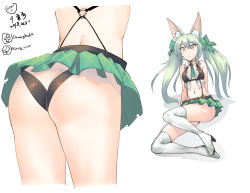 Rule 34 | 2018, animal ears, arm support, art556 (girls&#039; frontline), ass, boots, brazil, breasts, butt crack, chung cthemax, cropped legs, cropped torso, dated, facebook username, girls&#039; frontline, green skirt, hair between eyes, highres, lower body, microskirt, navel, skirt, small breasts, thigh boots, thighhighs, thighs, twintails, twitter username, white background, white footwear, yellow eyes