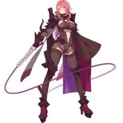 Rule 34 | 1girl, ark order, armor, black cape, black footwear, black gloves, black shorts, bone weapon, boots, breasts, cape, closed mouth, clothing cutout, dullahan (ark order), full body, gloves, high heel boots, high heels, highleg, highleg leotard, holding, holding whip, large breasts, leotard, light blush, looking at viewer, medium hair, navel cutout, official art, pink eyes, pink hair, purple cape, red cucumber, short shorts, shorts, shoulder armor, sidelocks, solo, spine, tachi-e, thigh boots, thighhighs, transparent background, two-sided cape, two-sided fabric, whip