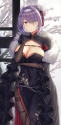 Rule 34 | 1girl, azur lane, blush, breasts, buran (22x), chain, china dress, chinese clothes, cleavage, commentary request, dress, feather boa, folded ponytail, gloucester (azur lane), gloucester (brilliance in purple) (azur lane), hair intakes, hair ornament, hairband, highres, large breasts, looking at viewer, official alternate costume, pantyhose, purple hair, short hair, side slit, solo, thigh strap, thighband pantyhose, yellow eyes