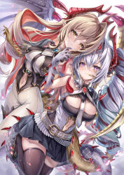 Rule 34 | 2girls, akami770, argente purest silver (shadowverse), arm up, armpits, bare arms, bare shoulders, belt, belt buckle, blonde hair, blue gemstone, blue skirt, blush, breasts, buckle, chest jewel, cleavage cutout, clothing cutout, cowboy shot, dragon girl, dragon horns, dragon tail, dragon wings, earrings, feather earrings, feathers, fingernails, gem, grey eyes, grey hair, highres, horns, intertwined tails, jewelry, lumiore prestigious gold (shadowverse), medium breasts, midriff, miniskirt, monster girl, multicolored hair, multiple girls, multiple horns, navel, necktie, pleated skirt, pointy ears, red gemstone, red hair, red horns, scales, shadowverse, sharp fingernails, siblings, simple background, sisters, skin tight, skirt, spikes, tail, thick thighs, thighhighs, thighs, uniform, white background, wings, yellow eyes