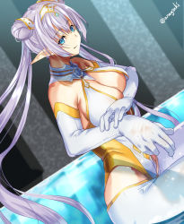 Rule 34 | 1girl, aona (anagasaki), bare shoulders, blue eyes, blush, breasts, britomart (fate), britomart (second ascension) (fate), center opening, cleavage, double bun, fate/grand order, fate (series), gold one-piece swimsuit, gold trim, grey hair, hair bun, hairband, highleg, highleg swimsuit, highres, large breasts, long hair, looking at viewer, o-ring, one-piece swimsuit, pants, pointy ears, smile, solo, swimsuit, thighs, tight clothes, tight pants, twintails, two-tone swimsuit, very long hair, wet, wet clothes, white one-piece swimsuit, white pants