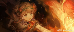Rule 34 | 2girls, :d, bandaged arm, bandages, bandaid, bandaid on arm, blue eyes, braid, brown cloak, brown hair, cloak, dark background, double bun, elemental (creature), facing away, fiery hair, fire, fire elemental, flower, hair bun, hair flower, hair ornament, konohana (weibo), long hair, looking at another, multiple girls, open mouth, outstretched arm, red flower, reverse:1999, smile, spathodea (reverse:1999), twin braids, ulu (reverse:1999), upper body, weibo logo, weibo watermark