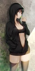 Rule 34 | 1girl, against wall, black hair, black nails, black sweater, black thighhighs, blue eyes, breasts, candy, cleavage, collarbone, cowboy shot, eating, eyebrows, food, gluteal fold, hair between eyes, hand in pocket, hand up, highres, hood, hoodie, lollipop, looking to the side, medium breasts, midriff, nail polish, navel, open clothes, original, outdoors, shadow, solo, standing, sweater, tank top, thighhighs, tokki, unzipped