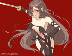 Rule 34 | 1girl, bare shoulders, black dress, black gloves, breasts, brown hair, center opening, choker, collarbone, dress, earrings, elbow gloves, fate/grand order, fate (series), gloves, jewelry, long hair, looking at viewer, lsls, medium breasts, multiple earrings, navel, open mouth, red background, red eyes, revealing clothes, ribbon-trimmed dress, simple background, solo, strapless, strapless dress, sword, thighs, very long hair, weapon, yu mei-ren (fate)