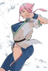 Rule 34 | 1girl, ass, blue eyes, blue wristband, breasts, clothing cutout, dougi, highres, hime cut, hip vent, manon legrand, martial arts belt, nishinb, panty straps, pink hair, short hair with long locks, sidelocks, solo, spandex, street fighter, street fighter 6, wristband