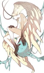 Rule 34 | 1girl, antennae, breasts, cibokilly, claws, closed eyes, completely nude, devilman, eyeliner, eyeshadow, facing down, feather hair, feathered wings, from side, full body, hand on own thigh, harpy, head wings, highres, knees up, large head wings, makeup, monster girl, nipples, nude, orb, profile, scales, simple background, siren (devilman), sitting, small breasts, solo, talons, white background, wings