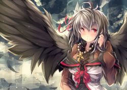 Rule 34 | 1girl, ahoge, black hair, black wings, blush, eln (sennen sensou aigis), fallen angel, feathers, jewelry, long hair, looking at viewer, necklace, red eyes, ruffling hair, sennen sensou aigis, signature, smile, solo, upper body, usuki (graygreed), wings