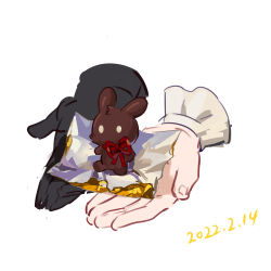 Rule 34 | 1girl, absurdres, arknights, black gloves, chocolate, commentary request, dated, food, gloves, hand focus, highres, holding, holding food, shio (shiofeifei), simple background, single glove, solo, suzuran (arknights), white background