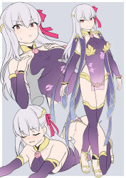 Rule 34 | 1girl, armlet, armor, ass, bare shoulders, bikini armor, blush, bracelet, breasts, butt crack, circlet, closed eyes, collar, detached sleeves, disembodied limb, dress, earrings, fate/grand order, fate (series), floral print, full body, grabbing, grabbing another&#039;s breast, hair ribbon, high heels, jewelry, kama (fate), kama (second ascension) (fate), large breasts, long hair, looking at viewer, lying, metal collar, multiple views, on stomach, open mouth, pelvic curtain, purple dress, purple sleeves, purple thighhighs, red eyes, ribbon, ring, shiseki hirame, smile, thighhighs, thighlet, thighs, top-down bottom-up, white hair