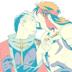 Rule 34 | 2boys, 4100, armor, auron, black hair, brown hair, chest tattoo, closed eyes, facial hair, final fantasy, final fantasy x, gloves, headband, incoming kiss, japanese clothes, jecht, long hair, looking at another, male focus, mature male, multicolored hair, multiple boys, muscular, muscular male, ponytail, scar, scar across eye, shoulder armor, simple background, sunglasses, tattoo, topless male, two-tone hair, unworn eyewear, white background, yaoi