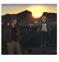 Rule 34 | 1boy, 1girl, balancing, beanie, blonde hair, brown hair, bush, coat, concrete, dagashi (place), grass, grin, hands in pockets, hat, isaki (kabu no isaki), jacket, kabu no isaki, kajika (kabu no isaki), leather, leather jacket, looking at another, mountain, open clothes, open coat, outstretched arms, pants, rebar, sky, smile, sun, sunlight, sunset, sweatdrop, tree