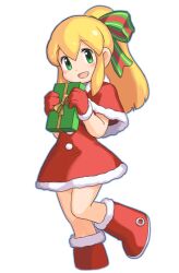 Rule 34 | 1girl, artist request, blonde hair, blush, box, christmas, dress, full body, fur-trimmed dress, fur trim, gift, gift box, green eyes, green ribbon, hair ribbon, long hair, looking at viewer, mega man (classic), mega man (series), open mouth, ponytail, red dress, red skirt, ribbon, roll (mega man), santa dress, simple background, skirt, smile, solo, third-party source, white background