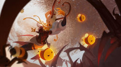 Rule 34 | 1girl, alternate costume, animal, antennae, armor, bee, black skin, blonde hair, blurry, blurry foreground, breastplate, breasts, bug, cleavage, colored skin, commentary, fangs, fingernails, floating, fur trim, hair ornament, insect, large breasts, league of legends, long hair, long sleeves, open mouth, ponytail, sharp fingernails, skirt, spider, syndra, teeth, thorsten erdt, white skirt, wings, yellow skin