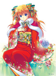 Rule 34 | 1girl, blue eyes, bow, brown hair, capelet, christmas ornaments, cu-rim, female focus, gift, hair bow, japanese clothes, kimono, mantelet, neon genesis evangelion, new year, sitting, smile, solo, souryuu asuka langley, white background