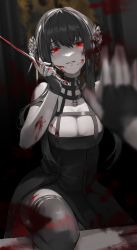 Rule 34 | 1girl, black dress, black footwear, black gloves, blood, blood on clothes, blood on face, blood on leg, blood splatter, bloody weapon, blurry, blurry foreground, boots, breasts, cleavage, commentary, dress, fingerless gloves, gloves, glowing, glowing eyes, hair between eyes, hairband, highres, holding, holding weapon, large breasts, leviathan (hikinito0902), looking at viewer, parted lips, red eyes, reflection, short hair with long locks, sleeveless, sleeveless dress, solo, spy x family, thigh boots, thighhighs, weapon, yor briar