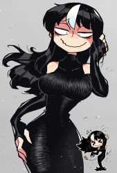 Rule 34 | 1girl, absurdres, black dress, black gloves, black hair, blush, breasts, chibi, closed eyes, covering own mouth, detached sleeves, dress, elbow gloves, english text, eyebrows, gloves, hand over own mouth, highres, jaggy lines, large breasts, long dress, long hair, multicolored hair, multiple views, narrow waist, night, night sky, noss (rariatto), original, rariatto (ganguri), shy, sky, smile, speech bubble, streaked hair, thank you, vampire, wavy mouth, white hair