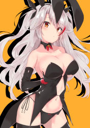 Rule 34 | 1girl, alternate costume, animal ears, azur lane, bare shoulders, black thighhighs, blush, breasts, brown eyes, cleavage, collarbone, commentary request, contrapposto, cowboy shot, curly hair, detached collar, detached sleeves, grabbing own breast, hair between eyes, hair ribbon, head tilt, highres, large breasts, latex, long hair, looking at viewer, minikon, mole, mole on breast, multicolored hair, navel, panties, parted bangs, prinz eugen (azur lane), rabbit ears, red hair, ribbon, side-tie panties, sidelocks, silhouette, silver hair, simple background, skindentation, solo, standing, thighhighs, two side up, underwear, wrist cuffs, yellow background