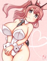 Rule 34 | 1girl, animal ears, bare legs, between breasts, breasts, brown hair, detached collar, fake animal ears, fake tail, gradient background, grey eyes, hair between eyes, hair ornament, highleg, highleg leotard, kanon (kurogane knights), kantai collection, large breasts, leotard, looking at viewer, necktie, one-hour drawing challenge, pink background, playboy bunny, ponytail, rabbit ears, rabbit tail, saratoga (kancolle), smile, solo, strapless, strapless leotard, tail, white leotard, wrist cuffs