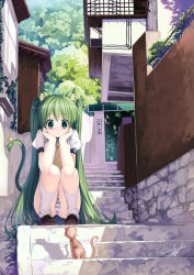 Rule 34 | 1girl, :o, alley, animal ears, blush, bow, caidychen, cat, cat ears, cat tail, day, green eyes, green hair, hatsune miku, head rest, kneehighs, long hair, matching hair/eyes, outdoors, panties, pantyshot, scenery, school uniform, signature, sitting, socks, solo, squatting, stairs, staring, striped clothes, striped panties, tail, tail bow, tail ornament, underwear, very long hair, vocaloid