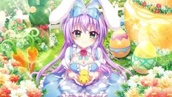Rule 34 | 1girl, animal, animal ears, bird, blue bow, blue dress, bow, breasts, carrot, chick, cleavage, cleavage cutout, closed mouth, clothing cutout, day, dot nose, dress, easter, easter egg, egg, fake animal ears, fence, film grain, flower, game cg, grass, green eyes, hair bow, hair ribbon, hedge, hokaze kanade, holding, holding animal, izumi tsubasu, large bow, large breasts, lens flare, long hair, looking at viewer, non-web source, official art, on ground, outdoors, purple hair, rabbit ears, re:stage!, red bow, red flower, red rose, ribbon, rose, smile, solo, sparkle, sunlight, topiary, white bow, white fence, white flower, white ribbon, wooden fence, yellow flower, yellow rose