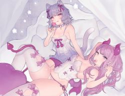 Rule 34 | 2girls, animal ear fluff, animal ears, bare arms, bare shoulders, bed, bow, breasts, bustier, camisole, candy, canopy bed, cat ears, cat girl, cat tail, cleavage, commentary request, demon girl, demon horns, demon tail, demon wings, earrings, food, hair bow, heart, holding, holding candy, holding food, holding lollipop, horns, jewelry, knee up, lingerie, lollipop, long hair, lying, medium breasts, miyako (xxxbibit), multiple girls, on back, original, panties, pillow, pink eyes, pink hair, purple bow, purple hair, purple wings, side-tie panties, sitting, star (symbol), tail, thighhighs, transparent, underwear, very long hair, white camisole, white legwear, white panties, wings
