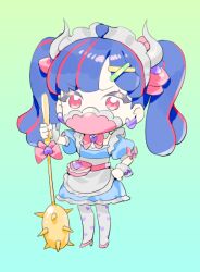 Rule 34 | 1girl, ahoge, alternate costume, alternate hairstyle, apron, blue dress, blue hair, bow, chibi, club, club (weapon), covered mouth, curled horns, detached collar, dinosaur girl, dress, earrings, enmaided, gloves, gradient background, hair bow, hair ornament, heart, heart earrings, heart print, holding club, horns, jewelry, long hair, looking at viewer, maid, maid apron, maid headdress, mask, mouth mask, multicolored hair, one piece, pantyhose, pink bow, pink eyes, pink hair, pink mask, raine (acke2445), solo, spiked club, streaked hair, twintails, ulti (one piece), waist apron, weapon, white apron, white gloves, white pantyhose, x hair ornament