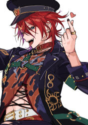 Rule 34 | 1boy, absurdres, amagi rinne, black jacket, blue eyes, collar, ensemble stars!, facing to the side, finger heart, hat, heart, highres, jacket, long sleeves, looking at viewer, male focus, open mouth, red collar, red hair, sketch, solo, sushi 171, teeth, tongue, tongue out, white background