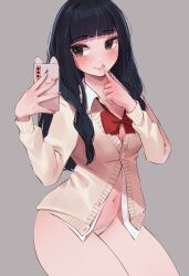Rule 34 | 1girl, absurdres, black hair, blush, bow, breasts, brown eyes, cardigan, cleavage, finger to mouth, grey background, highres, korean commentary, long hair, medium breasts, naingnaing, navel, oshi no ko, panties, red bow, school uniform, selfie, simple background, solo, sumi yuki, thighs, underwear