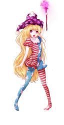 Rule 34 | 1girl, american flag dress, american flag legwear, american flag shirt, bad id, bad pixiv id, blonde hair, blurry, clownpiece, commentary request, fang, hat, jester cap, long hair, nekoya (liu), open mouth, pantyhose, purple eyes, short sleeves, simple background, sketch, smile, solo, standing, striped clothes, striped pantyhose, torch, touhou, very long hair, white background