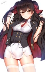 Rule 34 | 1girl, black hair, blush, breasts, brown eyes, brown hair, buttons, cowboy shot, double-breasted, fingerless gloves, girls&#039; frontline, gloves, hair between eyes, hair ribbon, highres, holding, holding own hair, long hair, looking at viewer, necktie, pleated skirt, pouch, red ribbon, ribbon, shirt, signature, simple background, skindentation, skirt, smile, solo, thighhighs, thighs, twintails, type 97 (girls&#039; frontline), underbust, very long hair, white background, white shirt, white thighhighs, wsman