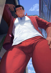Rule 34 | 1boy, bara, black hair, closed mouth, cloud, dainyuu (dgls), day, facial hair, highres, jacket, large pectorals, looking at viewer, male focus, muscular, muscular male, open clothes, open jacket, original, outdoors, pants, pectorals, red jacket, red pants, shirt, short hair, sky, solo, whistle, whistle around neck, white shirt