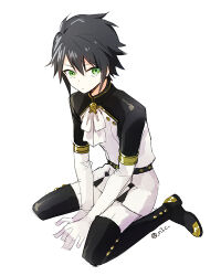 Rule 34 | 1boy, belt, belt buckle, black belt, black footwear, black hair, black sleeves, bow, bowtie, buckle, buttons, closed mouth, commentary request, elbow gloves, full body, gloves, green eyes, hair between eyes, hyakuya yuuichirou, light frown, looking at viewer, male focus, nishikiori, owari no seraph, pantyhose, shirt, short hair, short sleeves, simple background, sitting, solo, studded belt, thigh belt, thigh strap, twitter username, wariza, white background, white bow, white bowtie, white gloves, white pantyhose, white shirt