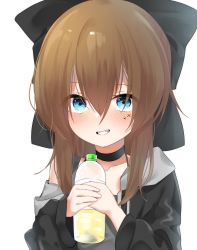 Rule 34 | 1girl, black bow, black choker, black jacket, bottle, bow, choker, exe9 , facial mark, facial tattoo, female focus, grin, hair between eyes, hair bow, highres, holding, holding bottle, hood, hooded jacket, indie virtual youtuber, jacket, looking at viewer, open clothes, open jacket, smile, solo, tattoo, virtual youtuber