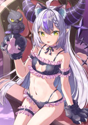Rule 34 | 1girl, ahoge, animal ear fluff, animal ears, animal hands, bell, black bra, black horns, bra, braid, braided bangs, cat cutout, cat ear panties, cat ears, cat lingerie, cat paws, clothing cutout, commentary request, crow (la+ darknesss), frilled bra, frilled panties, frills, grey hair, highres, hololive, horns, jingle bell, la+ darknesss, long hair, meme attire, multicolored hair, navel, neck bell, neck ribbon, panties, pointy ears, purple hair, qussie, ribbon, streaked hair, striped horns, thigh strap, tongue, tongue out, underwear, underwear only, virtual youtuber, yellow eyes