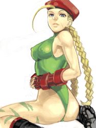 Rule 34 | 1girl, ahoge, ass, bad id, bad pixiv id, beret, blonde hair, blue eyes, bodypaint, boots, braid, breasts, cammy white, capcom, covered erect nipples, fingerless gloves, from behind, gloves, hat, huge ahoge, icym, leotard, looking back, medium breasts, panties, scar, solo, street fighter, thong, thong leotard, twin braids, underwear