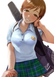 1girl blouse blue_shirt blush bralines brown_eyes character_name guitar_case hamedoragon head_tilt holding_case holding_hands idolmaster idolmaster_cinderella_girls instrument_case looking_at_viewer nitta_minami patch plaid_clothes plaid_skirt pleated_skirt school_uniform see-through_clothes shirt short_sleeves simple_background skirt smile strap upper_body white_background white_shirt